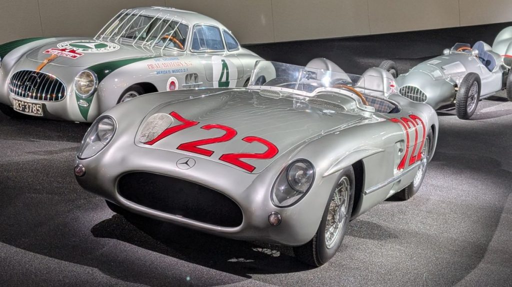 The famous 722 Mercedes racing car that Stirling Moss won the Mille Miglia road race in.